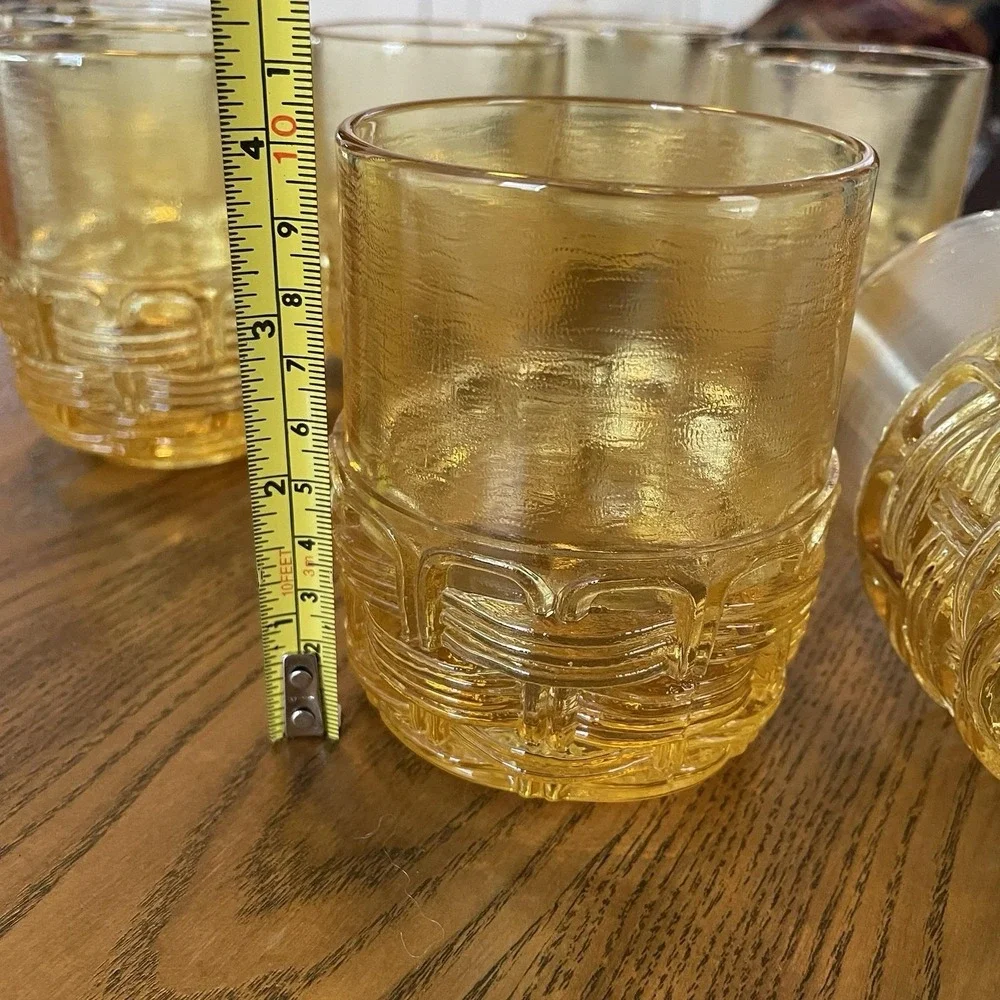 Vintage LE Smith Glass Amber Yellow Wicker Basket Set of 8 Old Fashioned Glasses